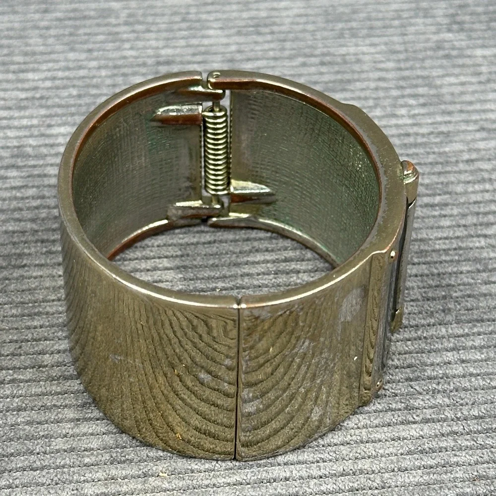 Vintage Gold Tone Black Enamel Wide Hinged Cuff Bracelet Statement Jewelry
